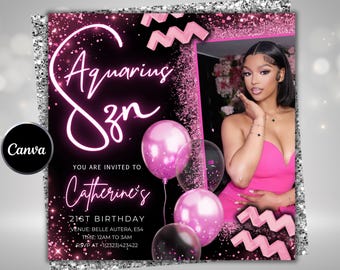 Pink Aquarius Szn Birthday Flyer, Aquarius Bash Flyer,Birthday flyer,Birthday Girl,Party Flyer,Celebration Flyer,Birthday Event,Birthday Inv