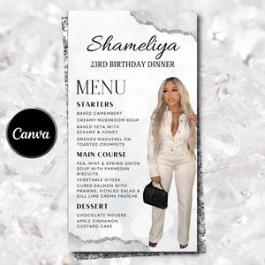 Menu photo d'anniversaire modifiable, menu complet et carte de boissons, modèle de menu d'événement, menu de table pour dîner d'anniversaire, modèle canva