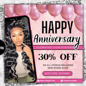 Business Anniversary Flyer, Wig Lash Hair Nail Anniversary Flyer, CEO Birthday Flyer, Celebration Flyer, Business Birthday Sale Flyer Canva