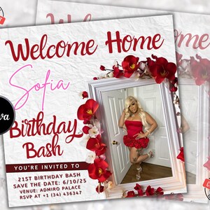 Red White Welcome Home Birthday Bash Flyer, Party Flyer Template For Canva | Birthday Invitation Flyer| Birthday Girl Flyer | Red