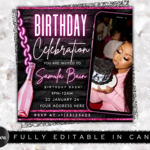 Birthday Party Flyer Template For Canva | DIY Bday Club Flyer | Club Birthday Invite | Birthday Invitation Flyer| Birthday Girl Flyer | Pink