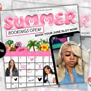 June Booking Flyer, June Calendar, Summer Books Open, June Nail Flyer,  June Makeup MUA Lashes Hair Locs Braids Wig Beauty Flyer, DIY Canva