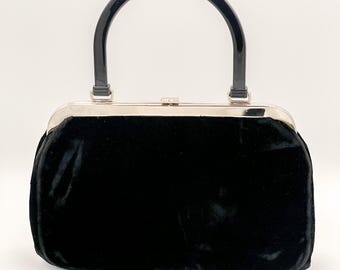 Vintage Dover Black Velvet Handbag with Celluloid Handle | Mid-Century Evening Purse