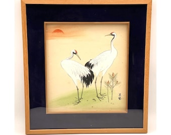 Japanese Shikishi Art Signed Sanae Red Crowned Cranes Sunrise Framed
