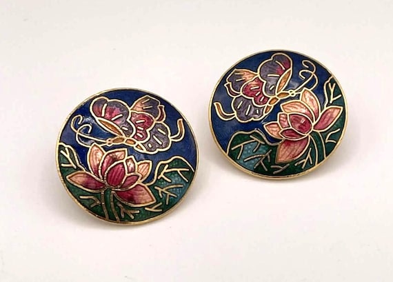 Sea Gems Cloisonné Butterfly & Lotus Stud Earrings Gold Tone Round Enamel Flora