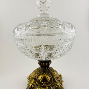 Vintage Pressed Glass Compote with Ornate Metal Base – Lidded Candy Dish