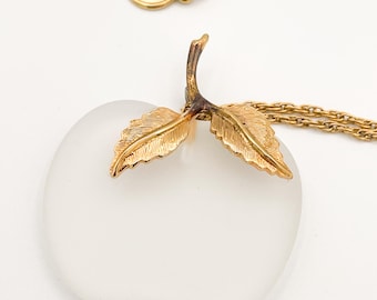 Vintage Avon Frosted Glass Apple Pendant Necklace: Gold Tone Chain