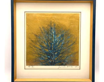 Joichi Hoshi Blue Tree Woodblock Print 1973 Signed Framed Japanese Art 15" x 16"