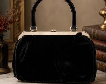 Vintage Dover Black Velvet Handbag with Celluloid Handle | Mid-Century Evening Purse