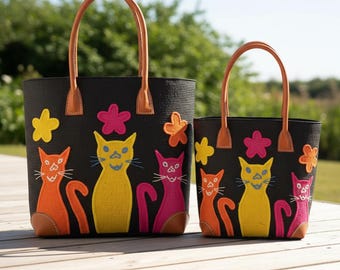 Black Raffia Basket/Tote Bag Decorated with Colourful Cats