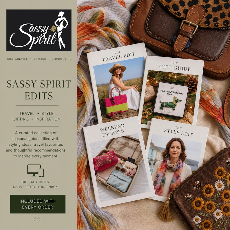 May include: An image featuring several digital guides from Sassy Spirit Edits, including "The Travel Edit" and "The Gift Guide." The guides are surrounded by accessories like a scarf and a purse. The guides are delivered to your inbox.
