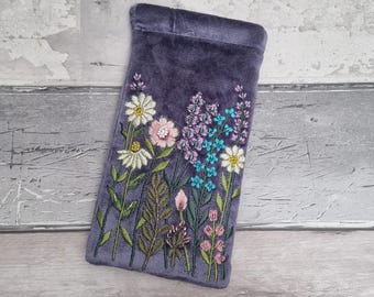 Amethyst Purple Velvet Glasses Case with Embroidered Garden Flowers