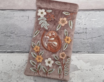 Embroidered Velvet Glasses Case: Sleeping Mouse Beaded Pouch