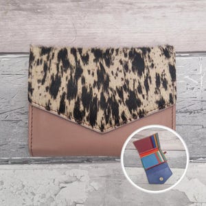Recycled Leather Animal Print Purse: Handmade Artisan Compact Fold out design Dusky Pink Pony