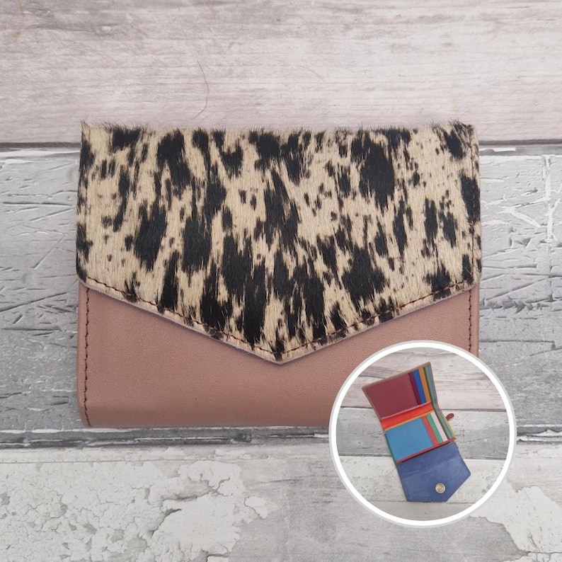 Recycled Leather Animal Print Purse: Handmade Artisan Compact Fold out design Dusky Pink Pony