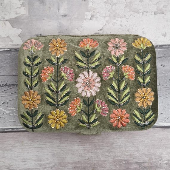 Basil green velvet Jewellery Box with an embroidered flower Design. Magnetic closing, integrated mirror.