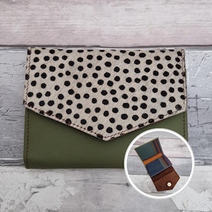 Recycled Leather Animal Print Purse: Handmade Artisan Compact Fold out design Olive Green Spot