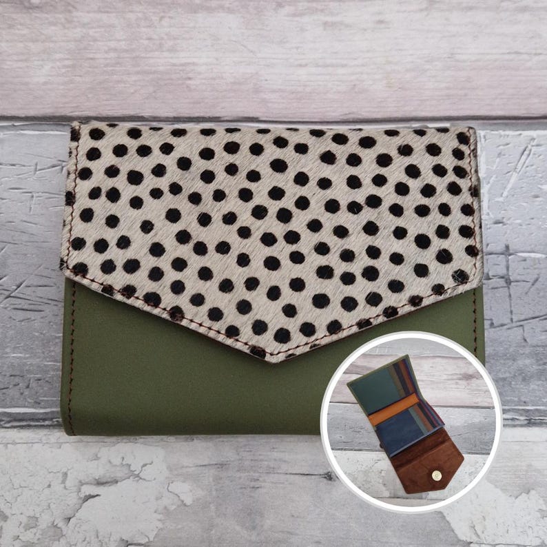 Recycled Leather Animal Print Purse: Handmade Artisan Compact Fold out design Olive Green Spot
