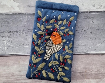 Embroidered Velvet Glasses Case: Blue Christmas Robin Design