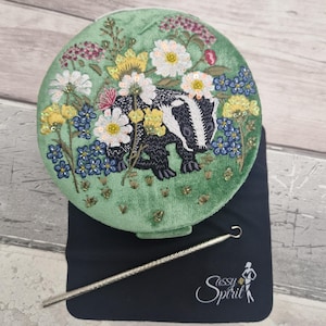Green velvet Jewellery Box Gift Set with an embroidered Badger and Flower Design.