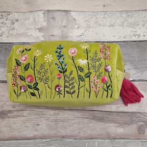 Lime Velvet Wash Bag with Embroidered flower meadow