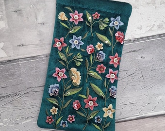 Turquoise Blue Velvet Glasses Case with Embroidered Wildflowers