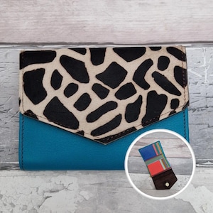 Recycled Leather Animal Print Purse: Handmade Artisan Compact Fold out design Blue Giraffe