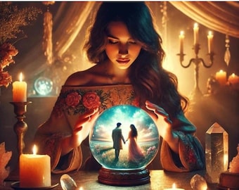 May include: A woman gazes into a crystal ball, holding it with both hands. The ball shows a couple walking hand-in-hand towards a glowing horizon. Candles and crystals surround the woman, creating a mystical atmosphere.  Love & Relationship Psychic Reading.