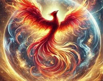 May include: A fiery red and orange phoenix bird with outstretched wings, rising from a glowing orb of light. The orb is surrounded by a swirling nebula of stars and smoke.