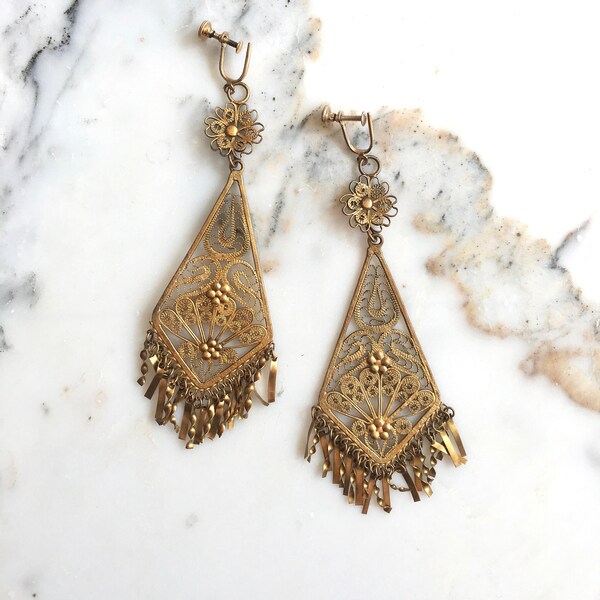 Old Medina earrings | vintage 1930s brass filigree earrings | eastern dangle 30s earrings