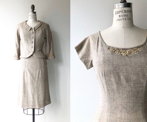 Oatmeal woven dress and jacket | 1950s dress and j