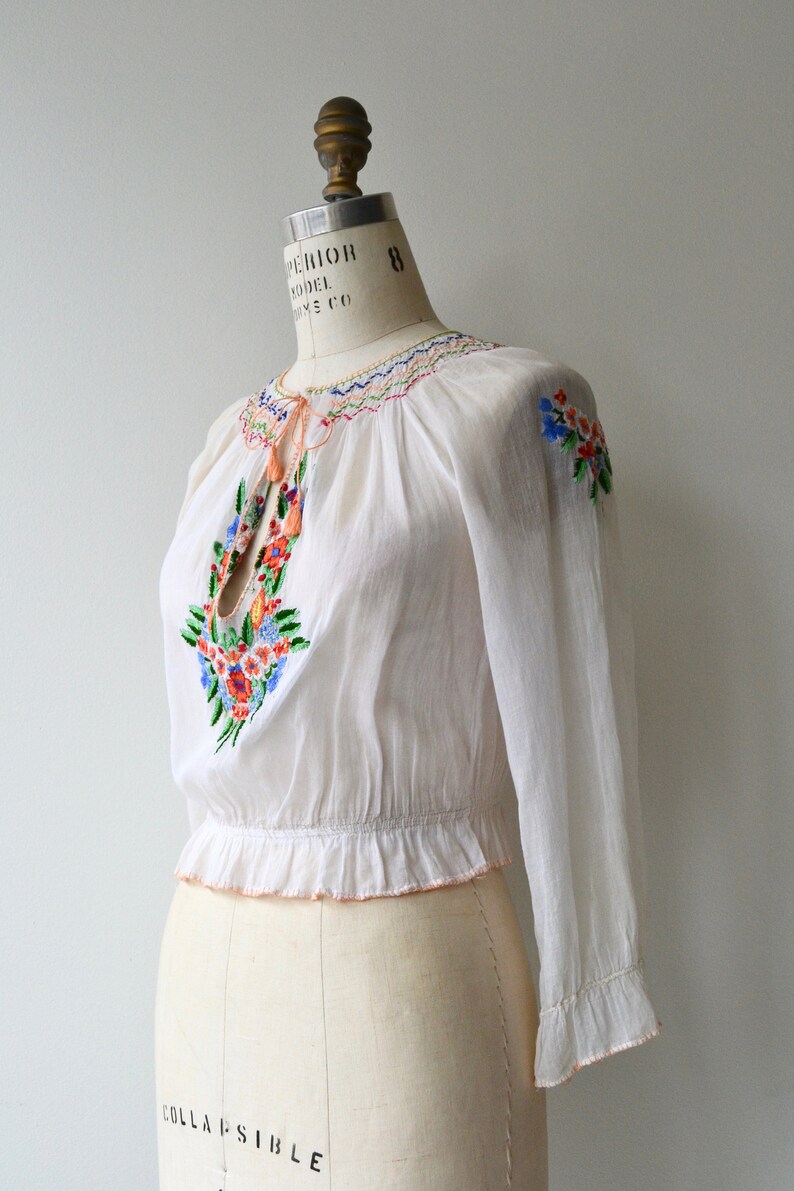Embroidered folk blouse smocked gauze Bohemian floral blouse 1930s embroidered blouse