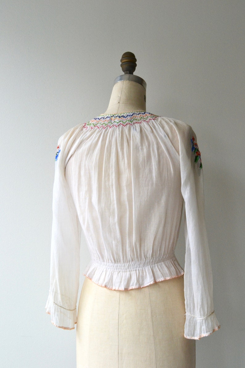 Embroidered folk blouse smocked gauze Bohemian floral blouse 1930s embroidered blouse