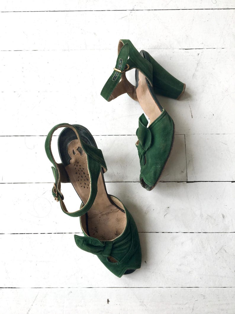 Green Leafbow peeptoes vintage 1940s shoes green 40s shoes 6.5 image 4