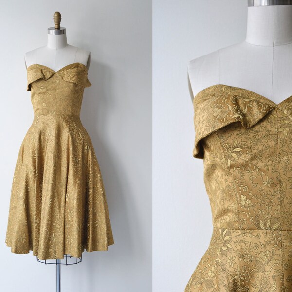 Adele Simpson brocade dress | 1960s dress | gold brocade 50s strapless dress