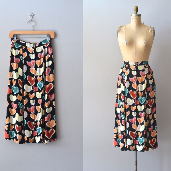 Heart of Hearts skirt • vintage midi skirt • rayon heart print skirt