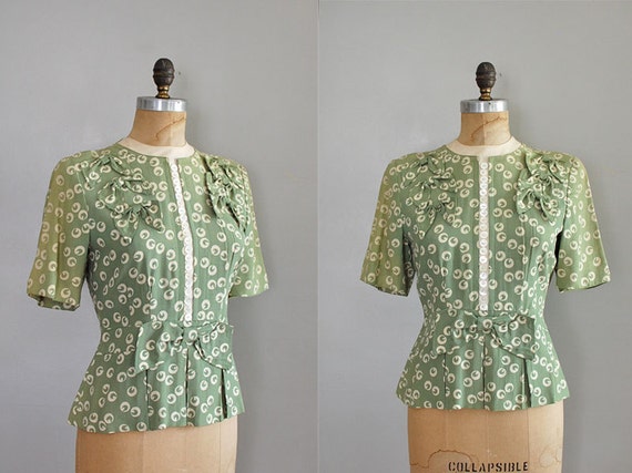 Vintage 1940s Celadon Bow blouse | Etsy