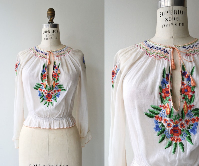 Embroidered folk blouse smocked gauze Bohemian floral blouse 1930s embroidered blouse