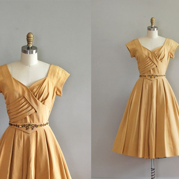 1950s mustard dress / 50s cocktail / Curry A Favor dress