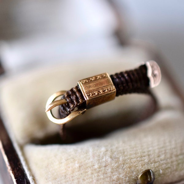 Antique Victorian 15K mourning ring | 1850s hair ring | woven hair buckle ring