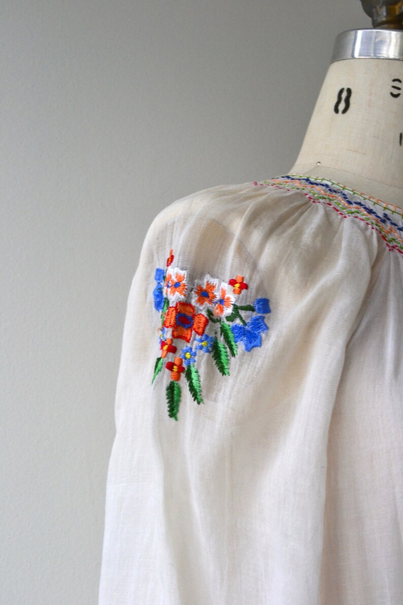 Embroidered folk blouse smocked gauze Bohemian floral blouse 1930s embroidered blouse