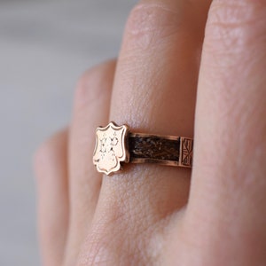 Op de afbeelding: Een gouden ring met een schildvormig ontwerp met de initialen "HP" gegraveerd aan de voorkant. De band van de ring is gemaakt van bruin gevlochten haar.