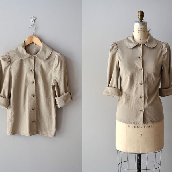 peter pan collar blouse / khaki cotton blouse / Card Catalog top