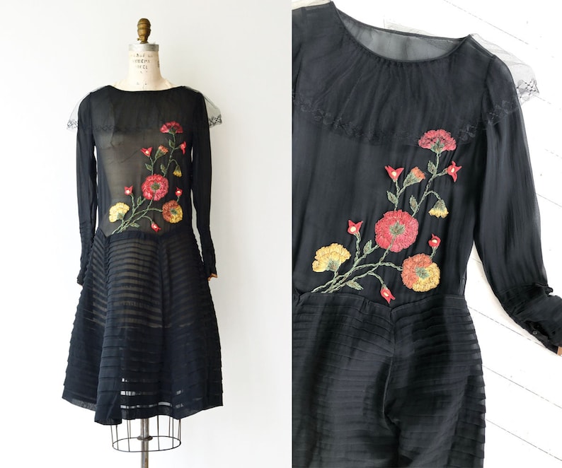 Floral Crewel silk dress silk 1920s dress vintage 20s dress image 1