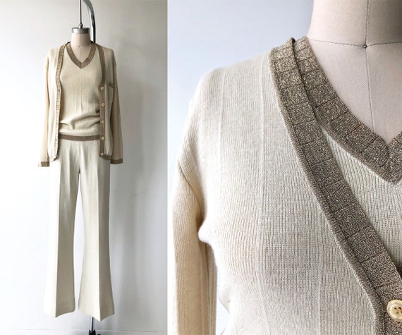 Wool Knit pantsuit | 1970s knit pants | 70s three