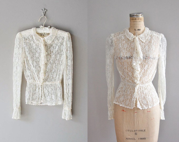 Vintage Lace Blouse / Cream Lace Peplum Blouse / Longline Lace Blouse