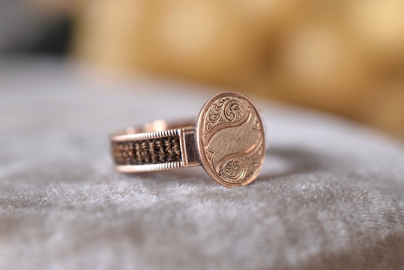 Victorian Hairwork Mourning Ring 1800s 14K Gold Hair ring image 1