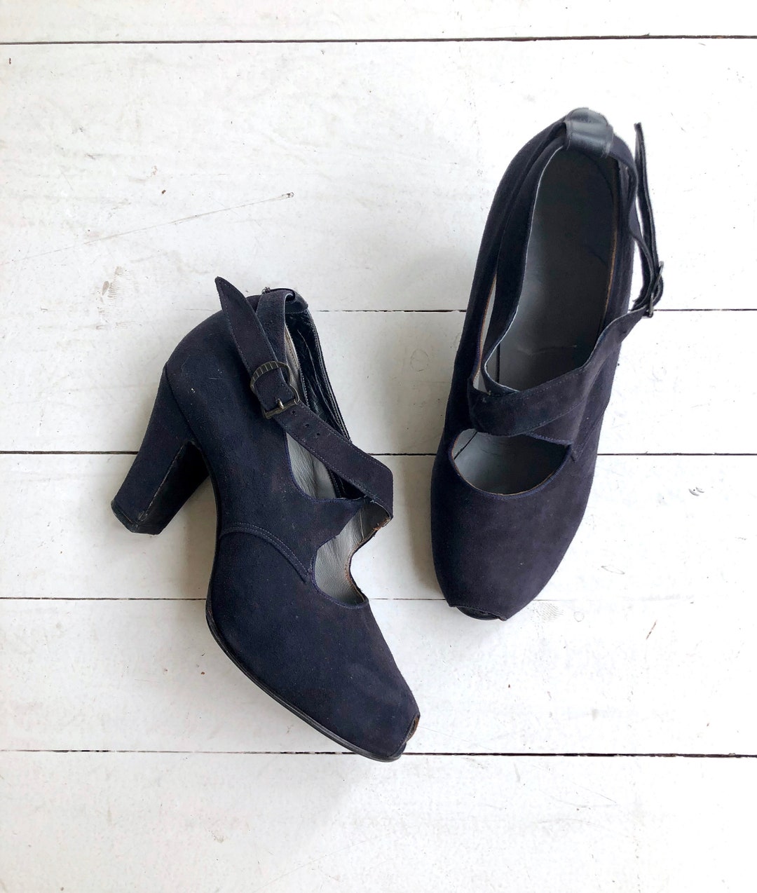 1937年 30s STAR BRAND SHOES アンティーク クリップ Indigo Cross Strap Heels | 1930s Shoes | Vintage 30s High Heels 6