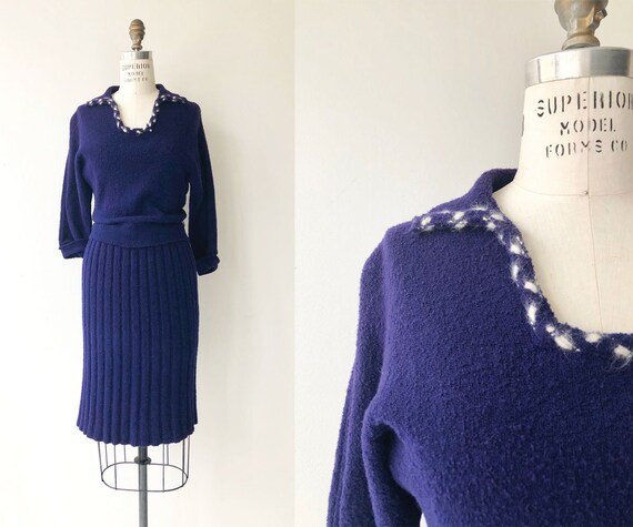 Indigo knit dress | 1950s wool knit dress | 50s kn