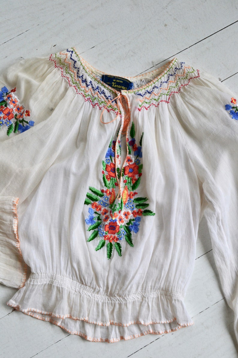 Embroidered folk blouse smocked gauze Bohemian floral blouse 1930s embroidered blouse